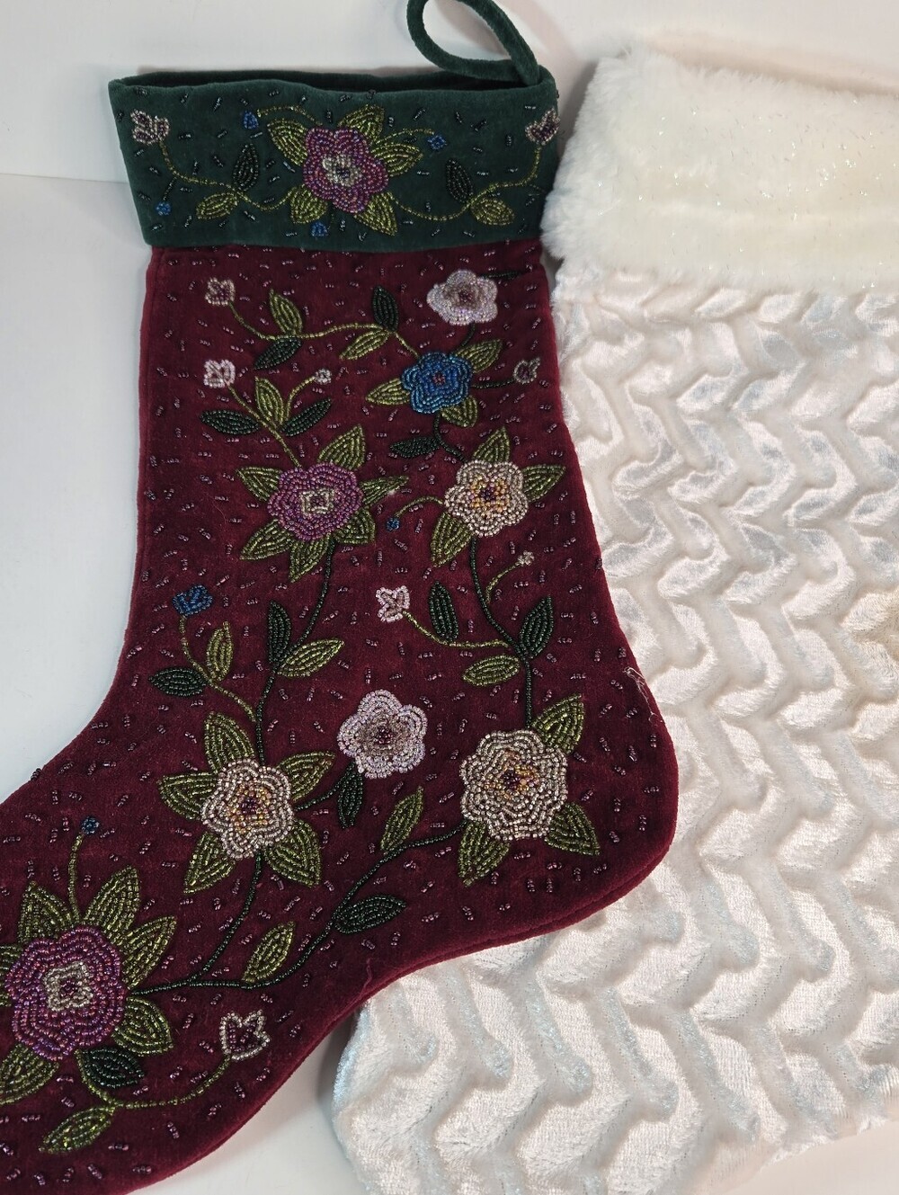 Christmas Stockings Set Glam Burgundy Green Beaded & White Fuzzy Sparkly Large